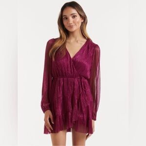 NWT Ever New Fuchsia Kinsleigh Plisse Cut Out Mini Dress Long Sheer Shimmer | 4